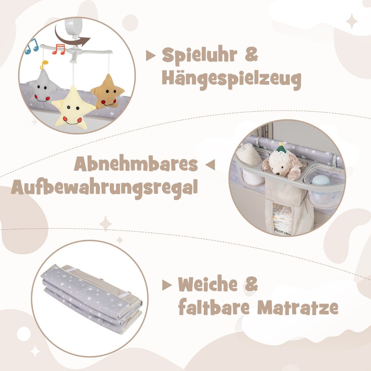 5-ühes kokkupandav reisivoodi madratsiga, 2-tasapinnaline beebivoodi ratastega, beež