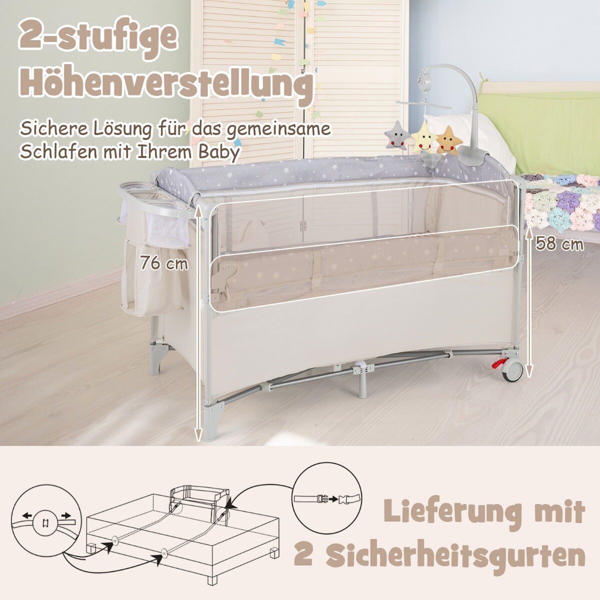 5-ühes kokkupandav reisivoodi madratsiga, 2-tasapinnaline beebivoodi ratastega, beež