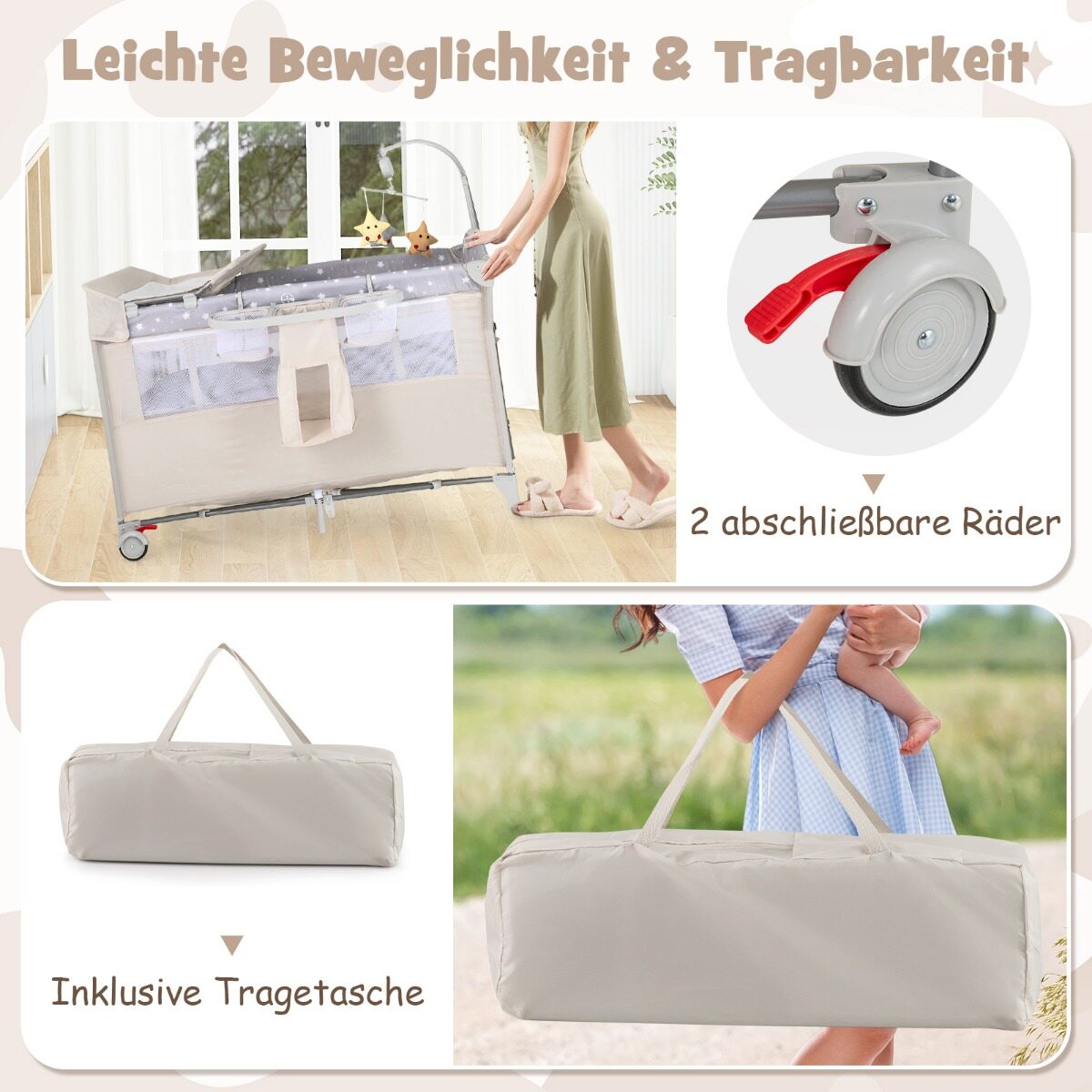 5 in 1 folding travel bed with mattress 2 levels baby bed with wheels beige 5 in 1 folding travel bed with mattress 2 levels baby bed with wheels beige