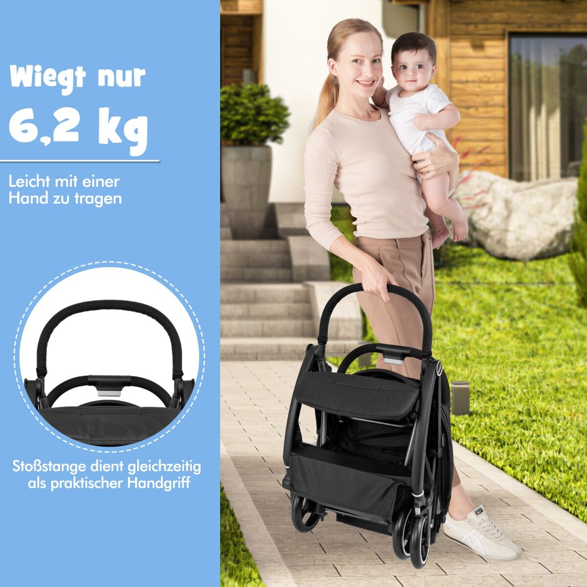 Kerge kokkupandav lapsevanker reguleeritava seljatoe ja varikatusega - must