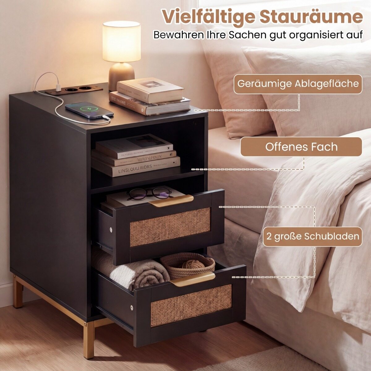 Külglaud laadimisjaama ja 2 sahtliga, rotangist ja puidust öökapp, diivanilaud, must