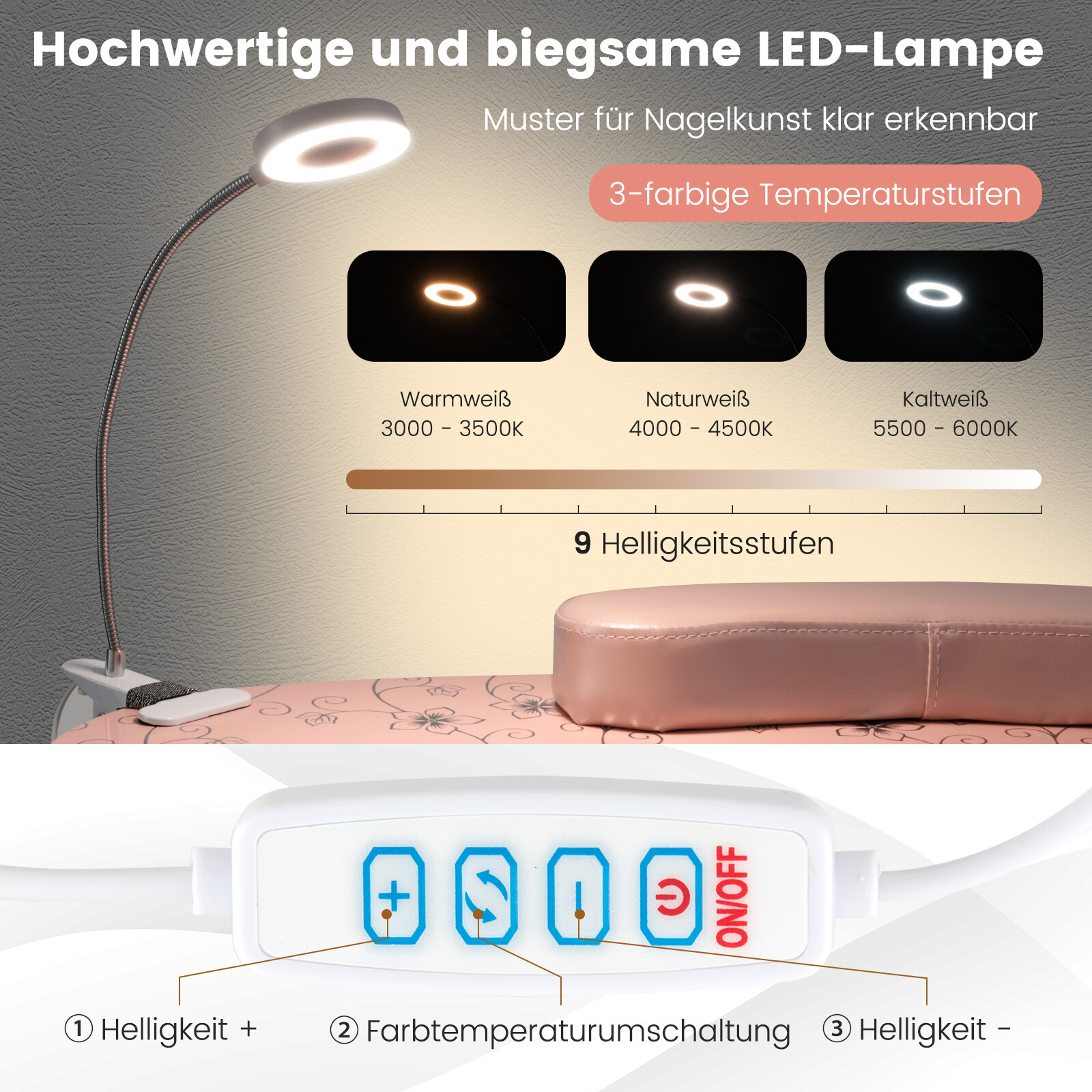Kokkupandav maniküürilaud elektrilise tolmukogujaga, kaasaskantav kosmeetikalaud painduva LED-laualambiga, roosa