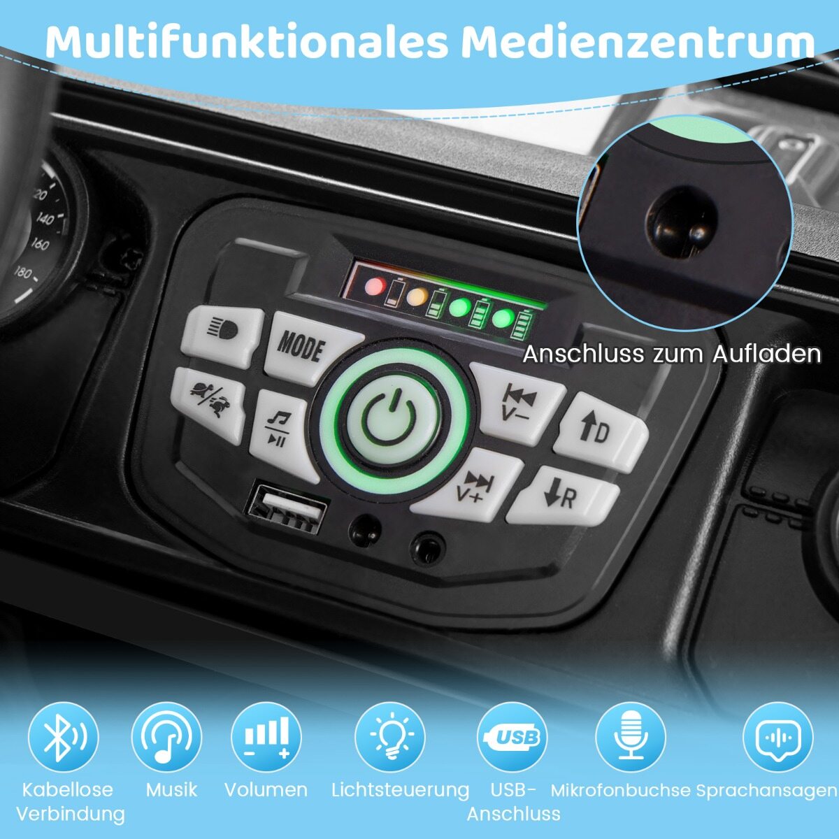 Laste elektriauto 2,4 G puldi ja USB ning tulede ja muusikaga, 12 V lasteauto, must Jeep