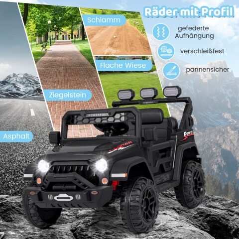 Laste elektriauto 2,4 G puldi ja USB ning tulede ja muusikaga, 12 V lasteauto, must Jeep