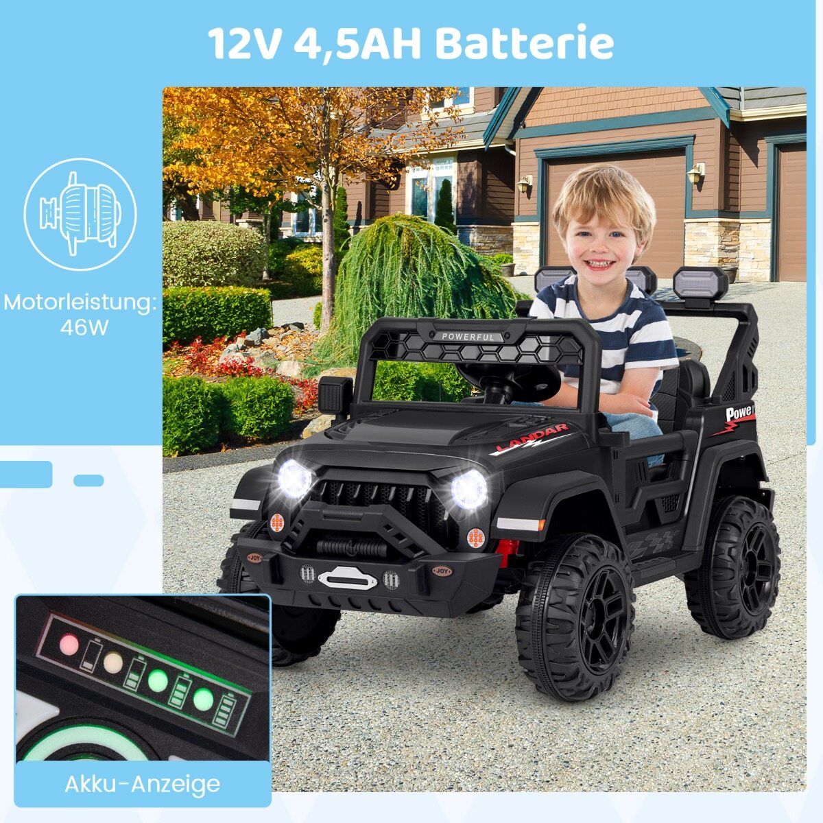 Laste elektriauto 2,4 G puldi ja USB ning tulede ja muusikaga, 12 V lasteauto, must Jeep