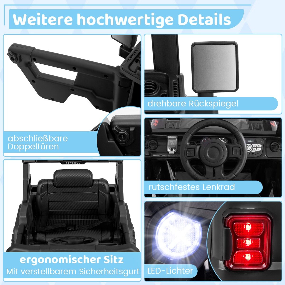 Laste elektriauto 2,4 G puldi ja USB ning tulede ja muusikaga, 12 V lasteauto, must Jeep