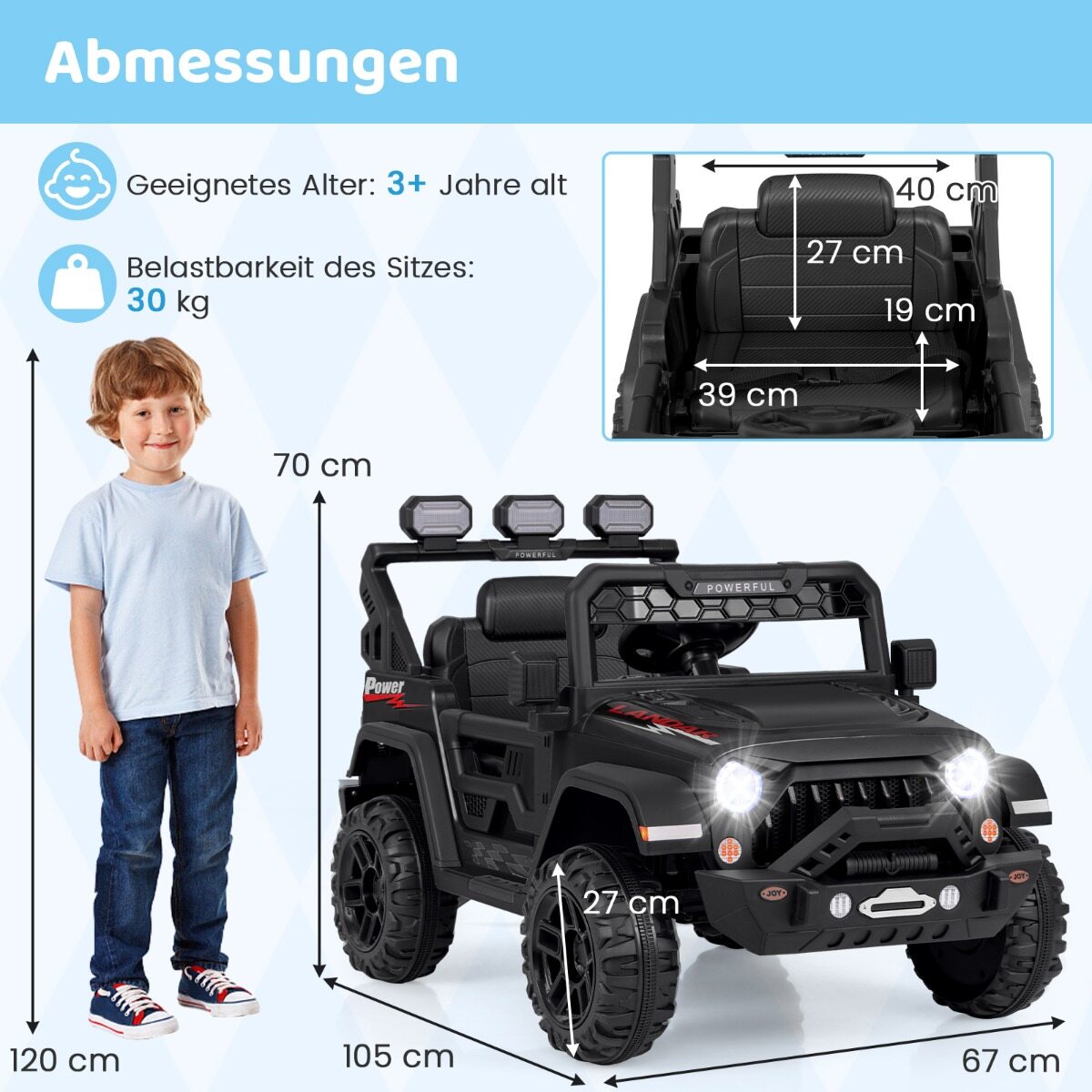 Laste elektriauto 2,4 G puldi ja USB ning tulede ja muusikaga, 12 V lasteauto, must Jeep