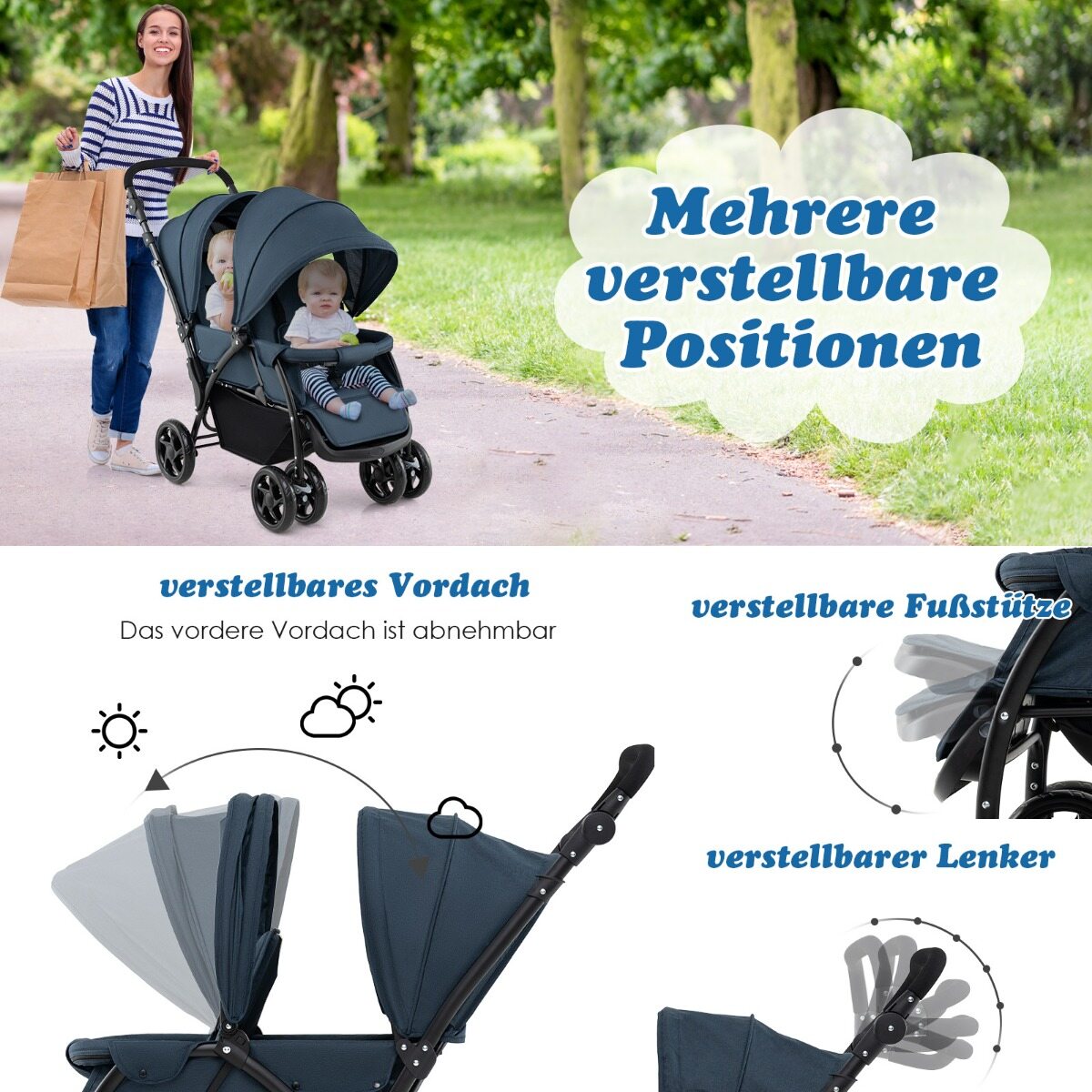 Kokkupandav kahekohaline lastekäru tandem-istme ja varikatusega, kaasaskantav lapsekäru, tumesinine