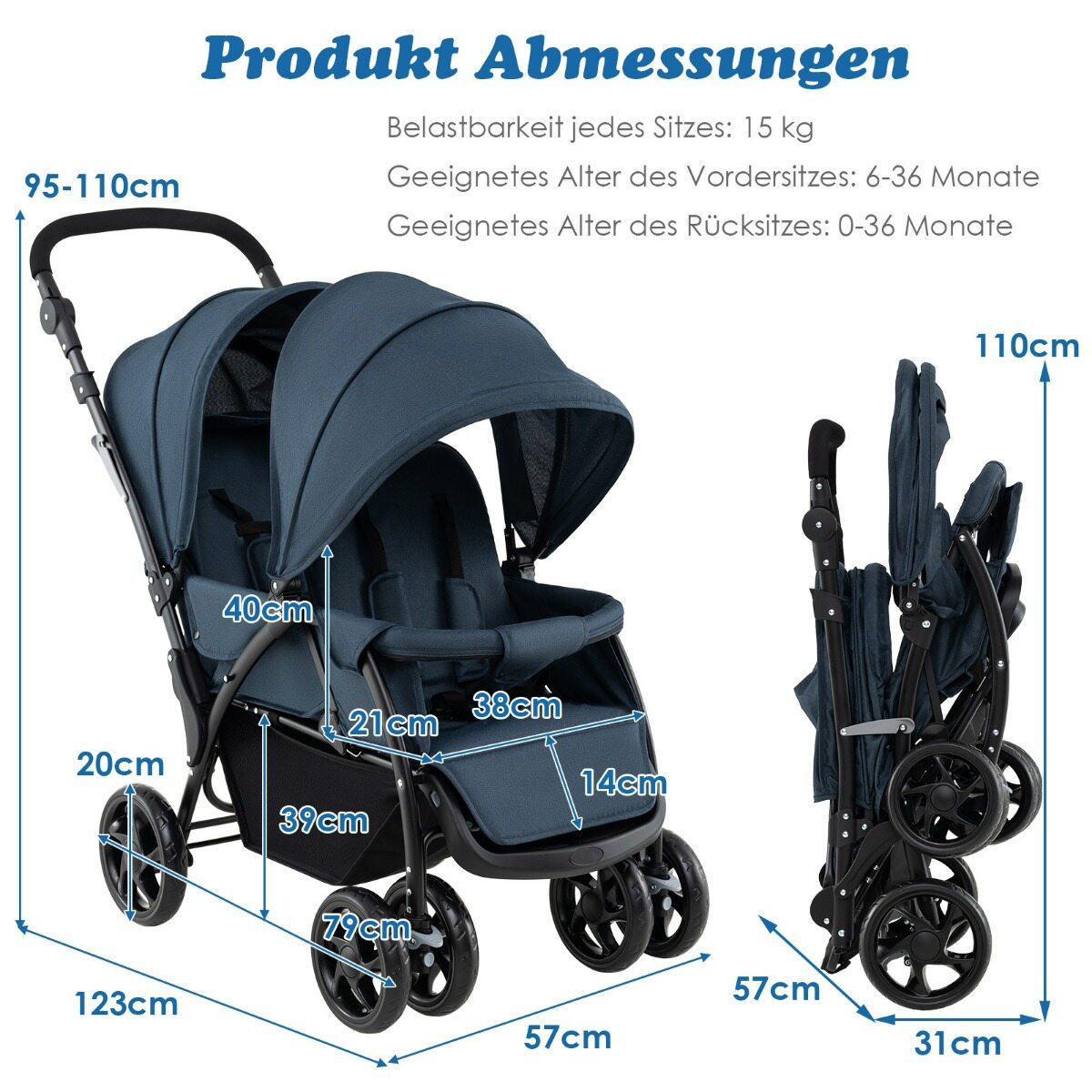 Kokkupandav kahekohaline lastekäru tandem-istme ja varikatusega, kaasaskantav lapsekäru, tumesinine