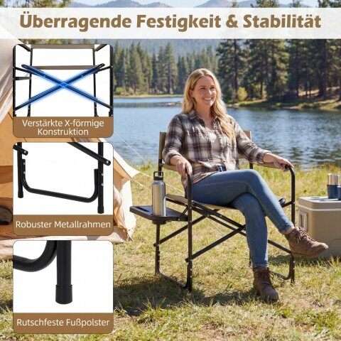 Lavastaja tool, kokkupandav, kuni 150 kg, matkatool külglauaga, joogihoidja ja pesaga, pruun