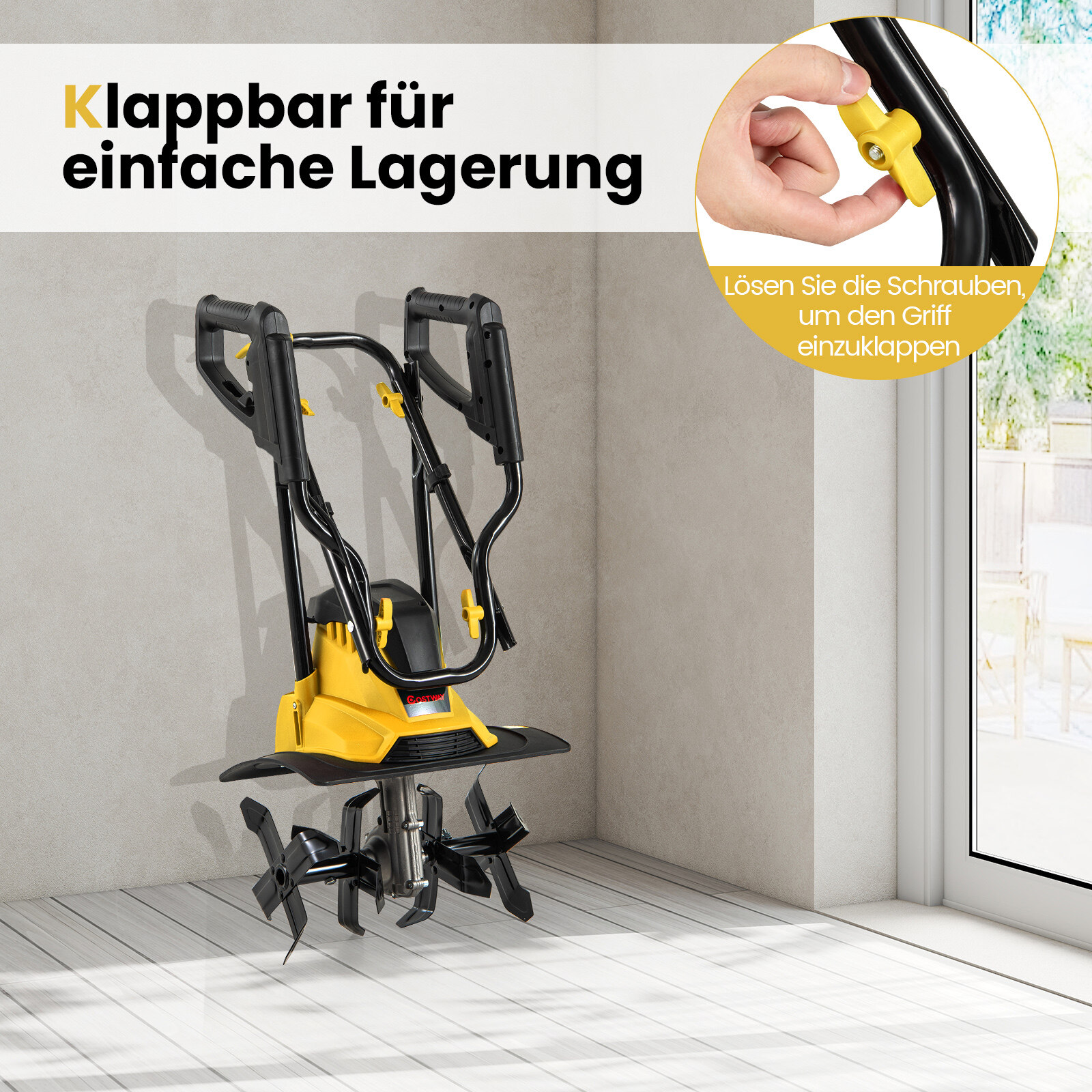 Elektriline mullafrees 1200 W | Töölaius 36 cm | Töösügavus 22 cm | 380 p/min. Elektriline mullafrees turvalüliti ja käepidemega 36,5 x 24 x 138 cm. Kollane.