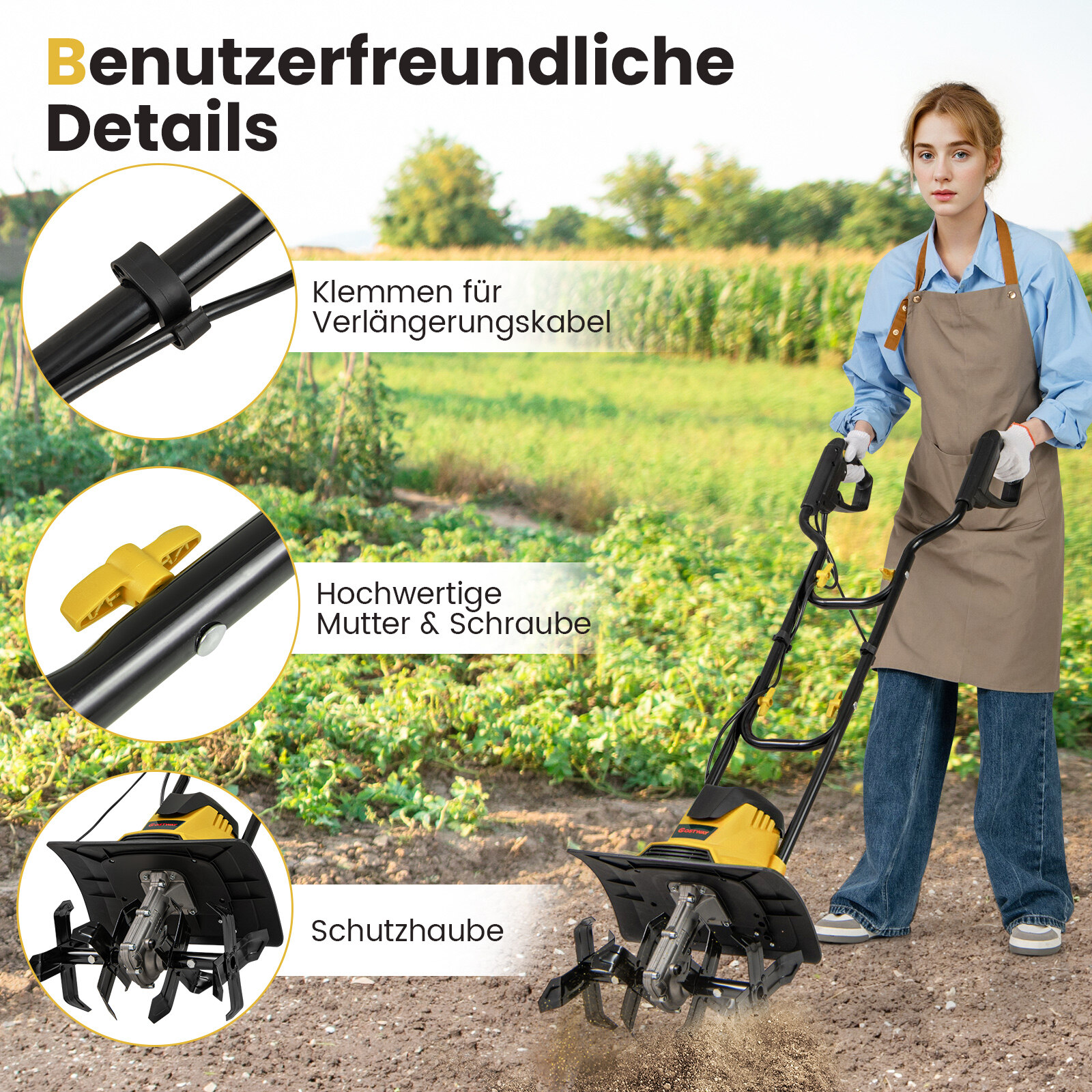 Elektriline mullafrees 1200 W | Töölaius 36 cm | Töösügavus 22 cm | 380 p/min. Elektriline mullafrees turvalüliti ja käepidemega 36,5 x 24 x 138 cm. Kollane.