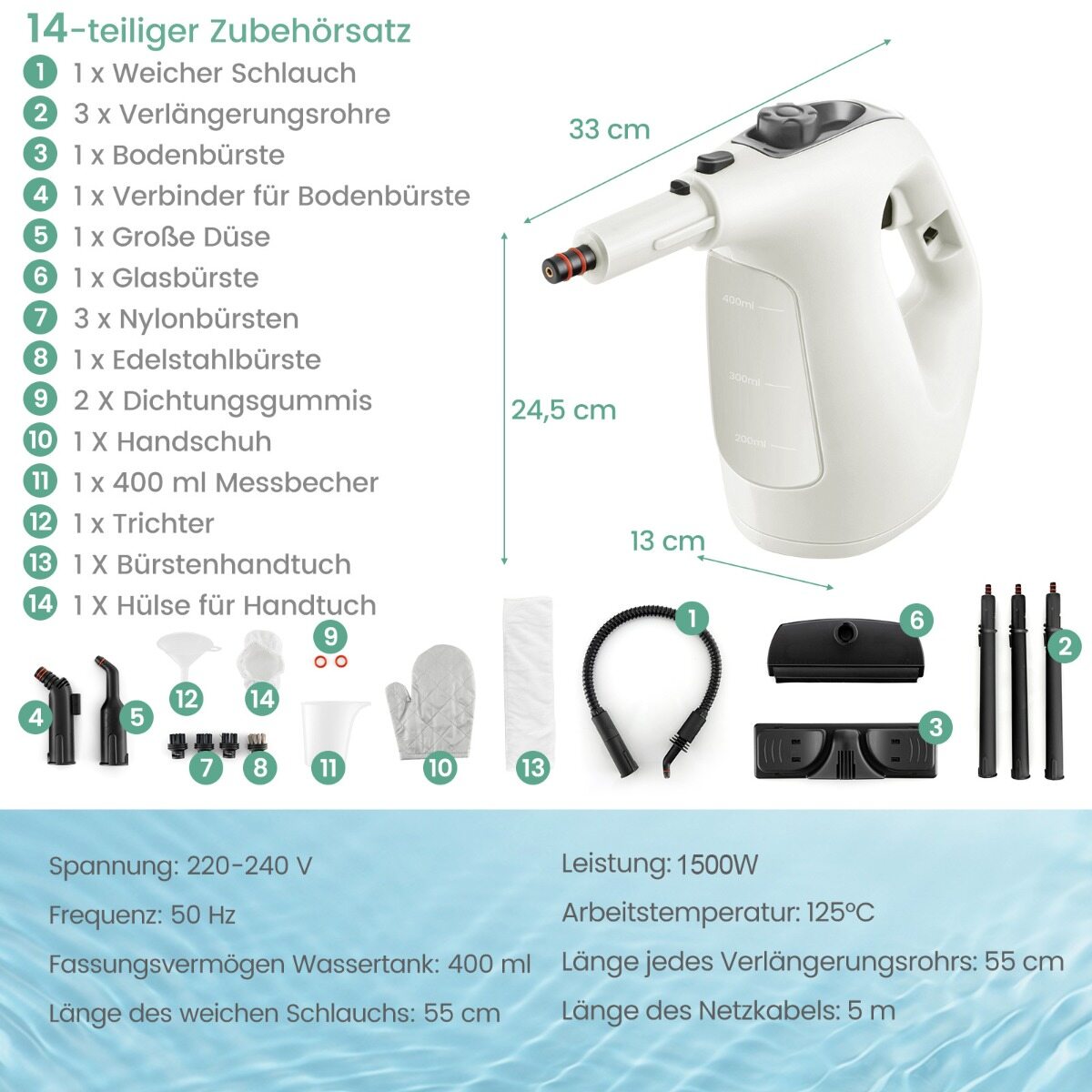 Kaasaskantav aurupuhasti Survestatud aurupuhasti 1400 W Piiramatu Pidev Aur 400 ml Veepaak Hall