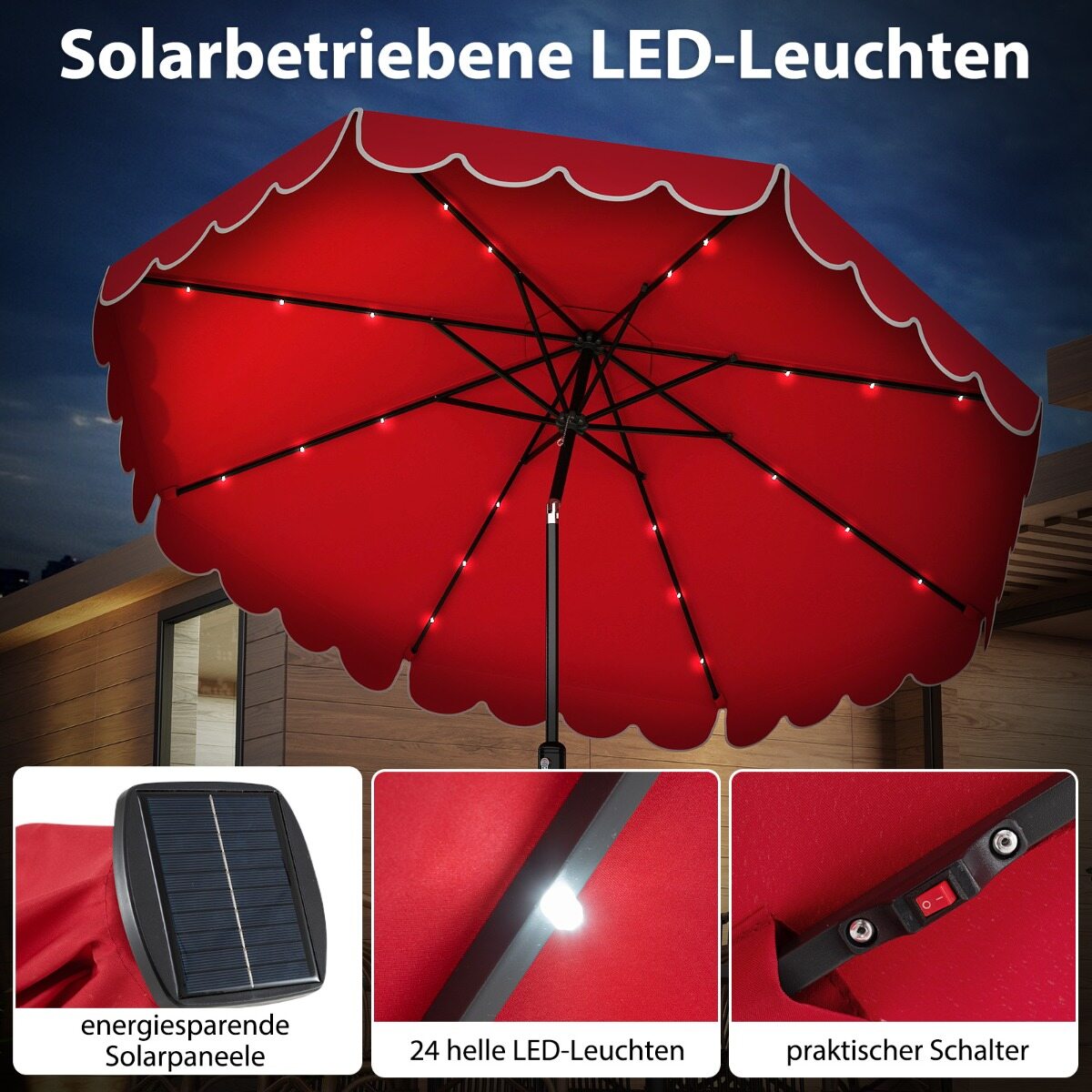 300 cm päikesevari LED-valgustuse, vända ja karniisiga, aiavari, turuvari, punane