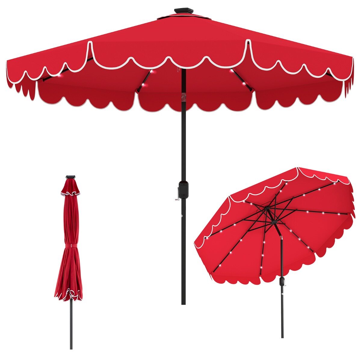 300 cm päikesevari LED-valgustuse, vända ja karniisiga, aiavari, turuvari, punane