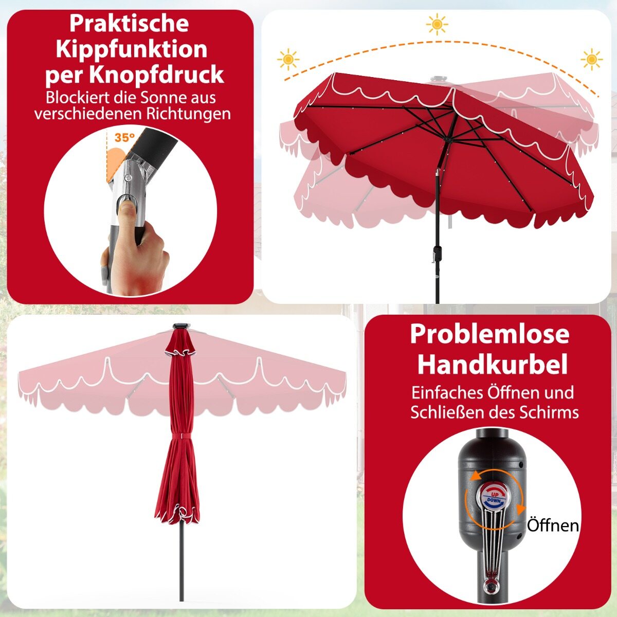 300 cm päikesevari LED-valgustuse, vända ja karniisiga, aiavari, turuvari, punane