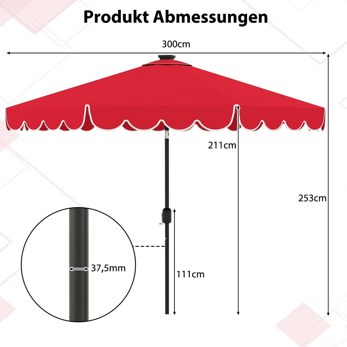 300 cm päikesevari LED-valgustuse, vända ja karniisiga, aiavari, turuvari, punane