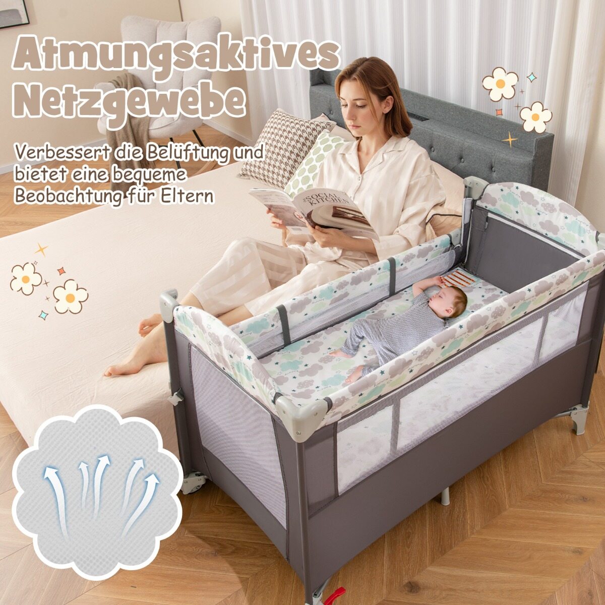 5-ühes kokkupandav reisivoodi madratsiga, 2-tasandiline beebivoodi ratastega, hall