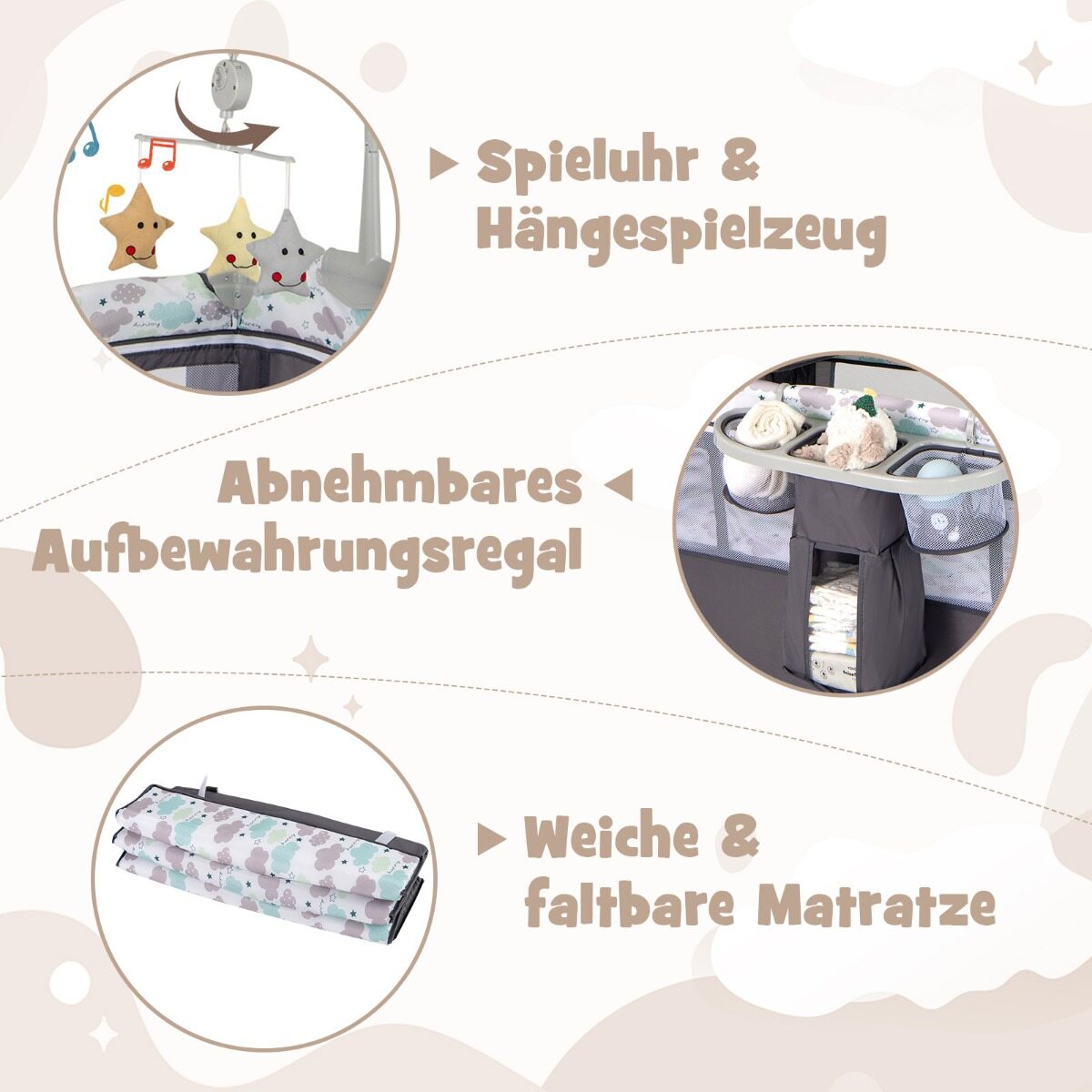5-ühes kokkupandav reisivoodi madratsiga, 2-tasandiline beebivoodi ratastega, hall