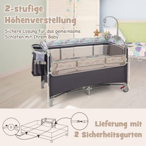 5-ühes kokkupandav reisivoodi madratsiga, 2-tasandiline beebivoodi ratastega, hall