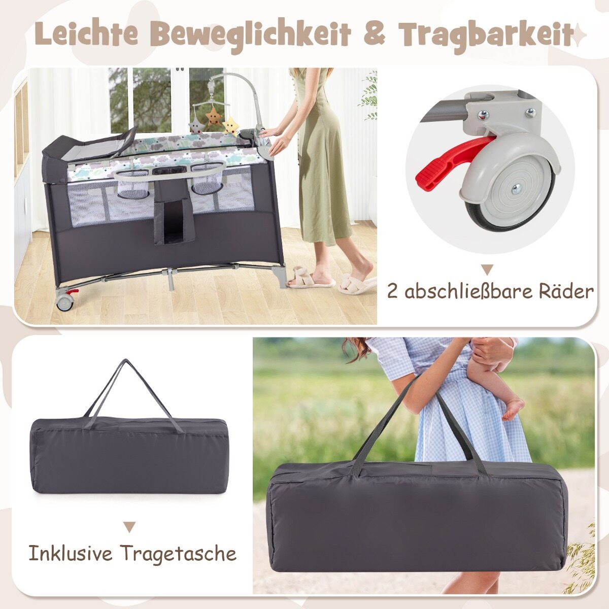 5-ühes kokkupandav reisivoodi madratsiga, 2-tasandiline beebivoodi ratastega, hall