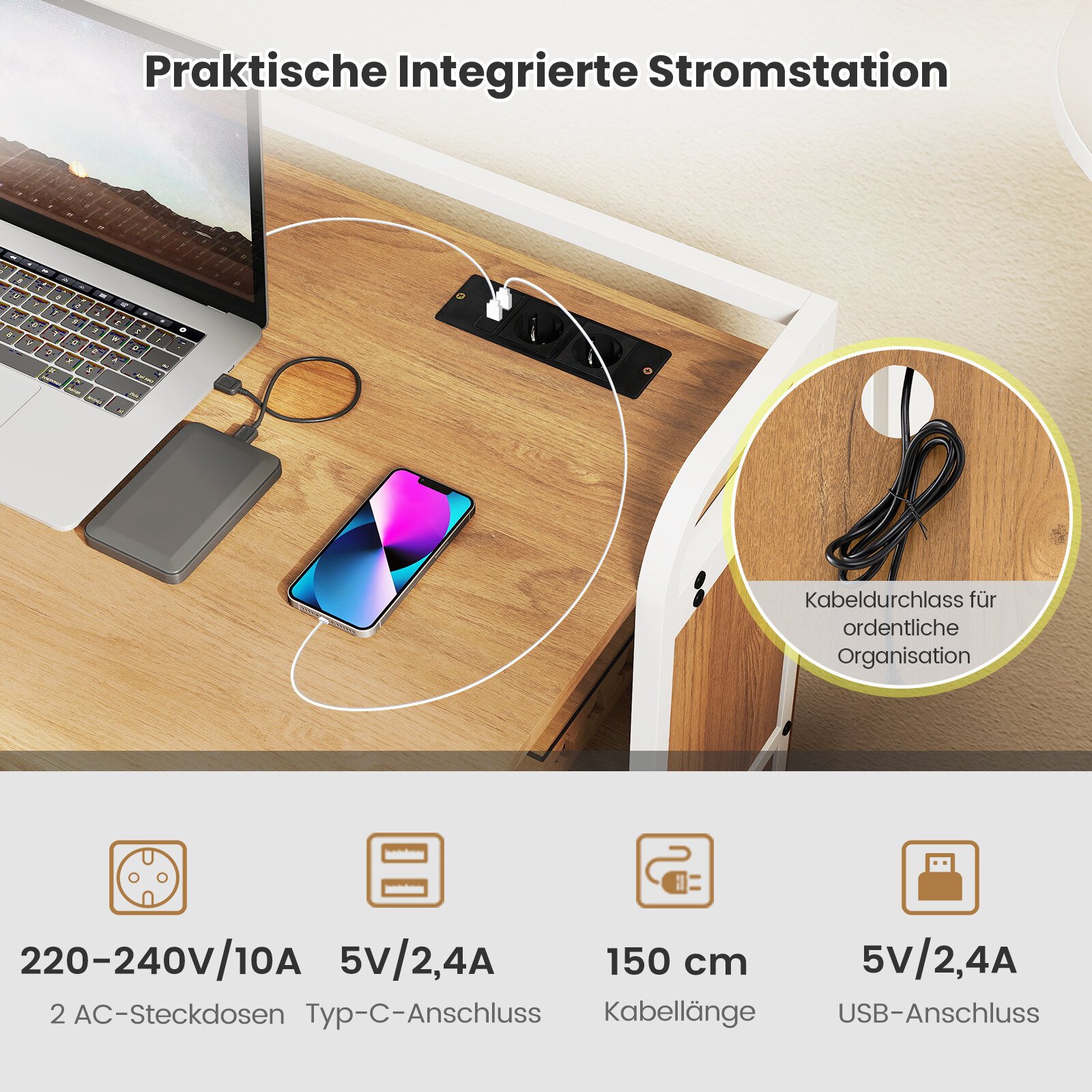 Kokkupandav laud taburetiga, kaasaskantav laua ja tabureti komplekt hoiuriiulitega, vahelduvvoolu pistikupesad, USB ja C-tüüpi port, naturaalne