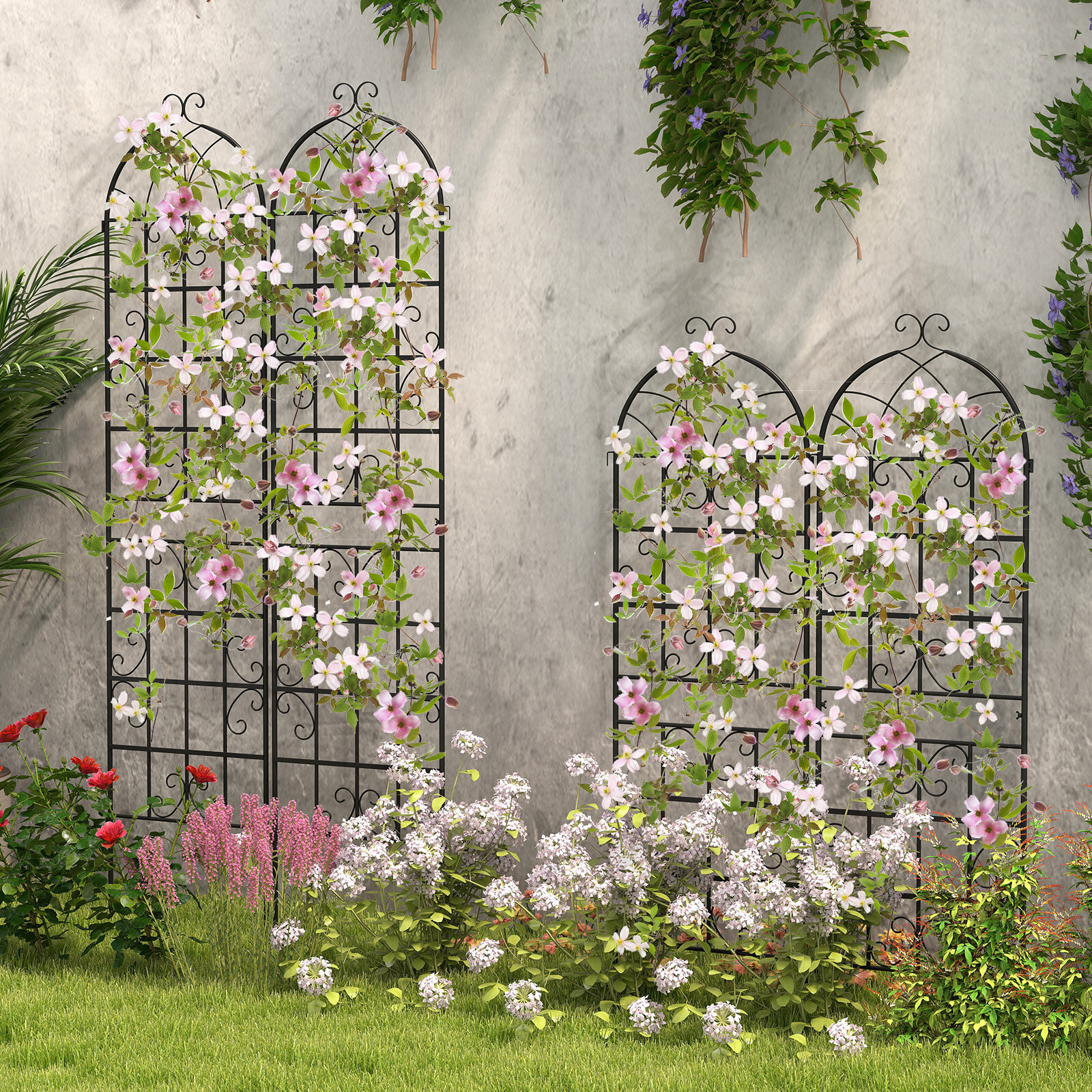 Metal trellis set of 2 decorative garden fences, freestanding trellis garden for plugging, black 220 x 50 cm