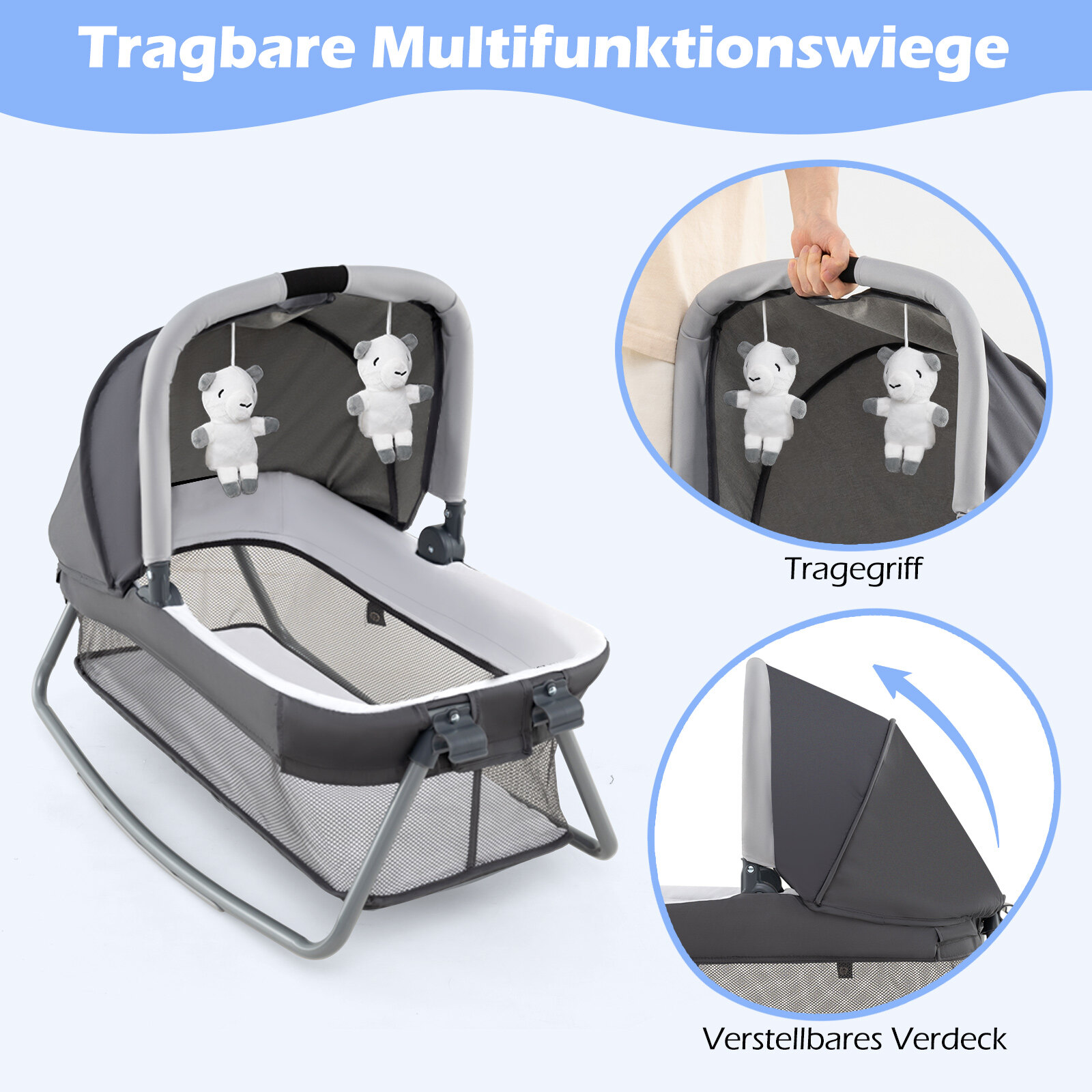5-ühes beebireisivoodi mähkimislaua, hälli, madratsi ja 2 mänguasjaga, kokkupandav beebivoodi, hall