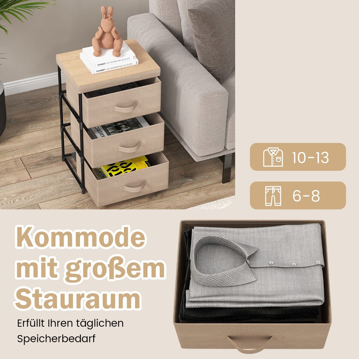 2 riidest sahtlitega öökapi komplekt, metallraamiga abilauad, pruun kangast kummut