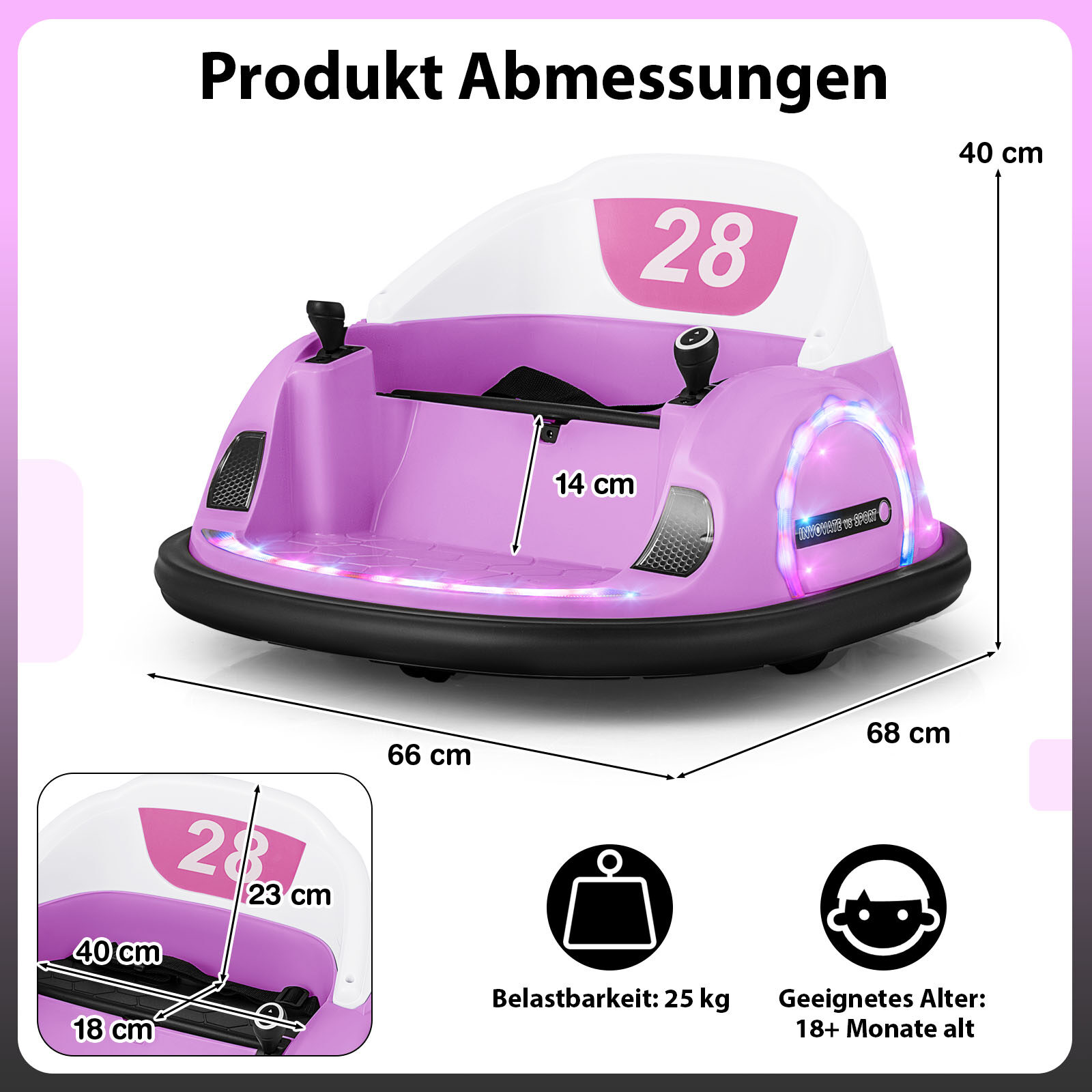 Pealeistutav põrkeauto väikelastele 12 V elektriline 360° pöörlev mänguauto puldiga, roosa
