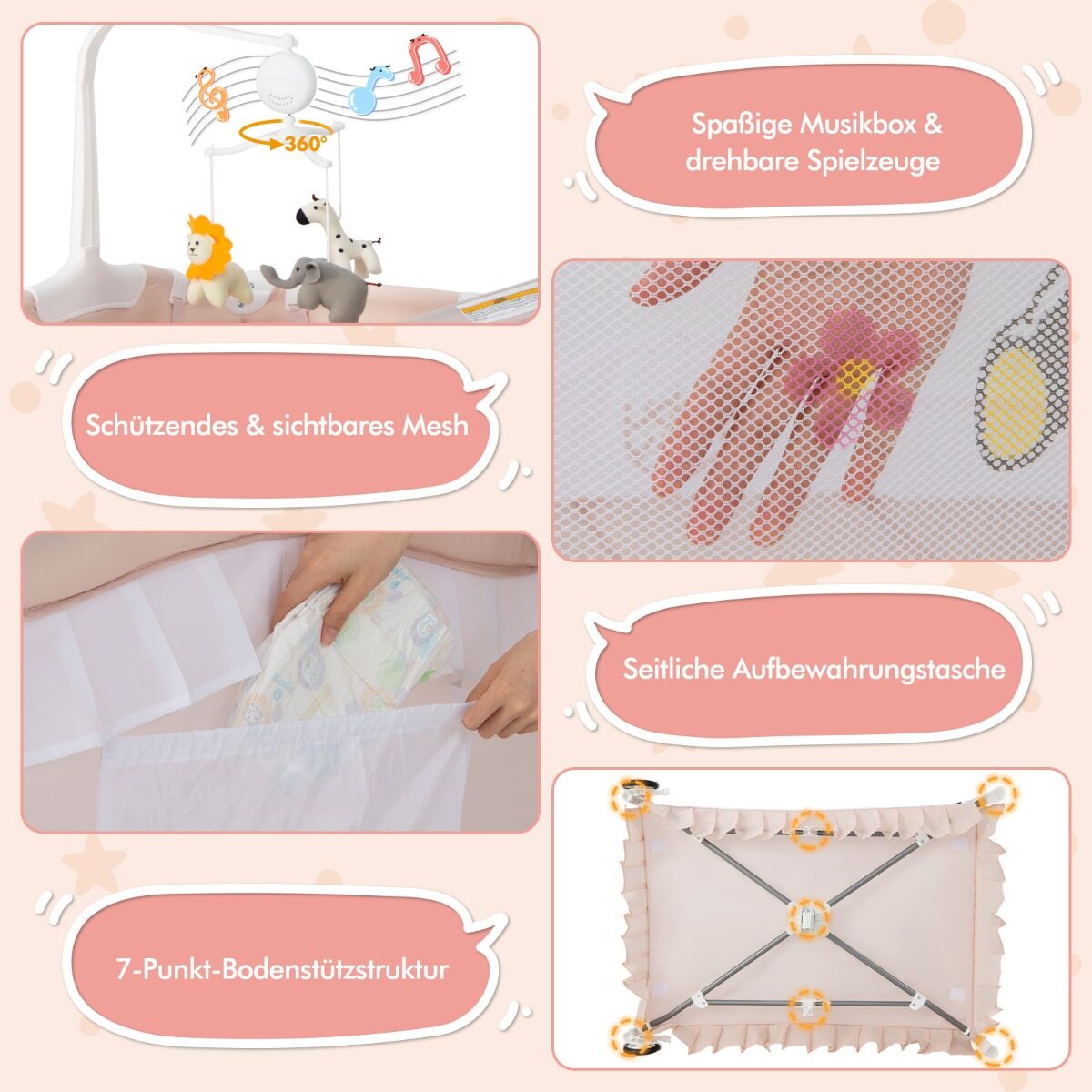4-ühes beebivoodi eemaldatava varikatusega, reisivoodi madratsiga, külgvoodi ratastega, roosa