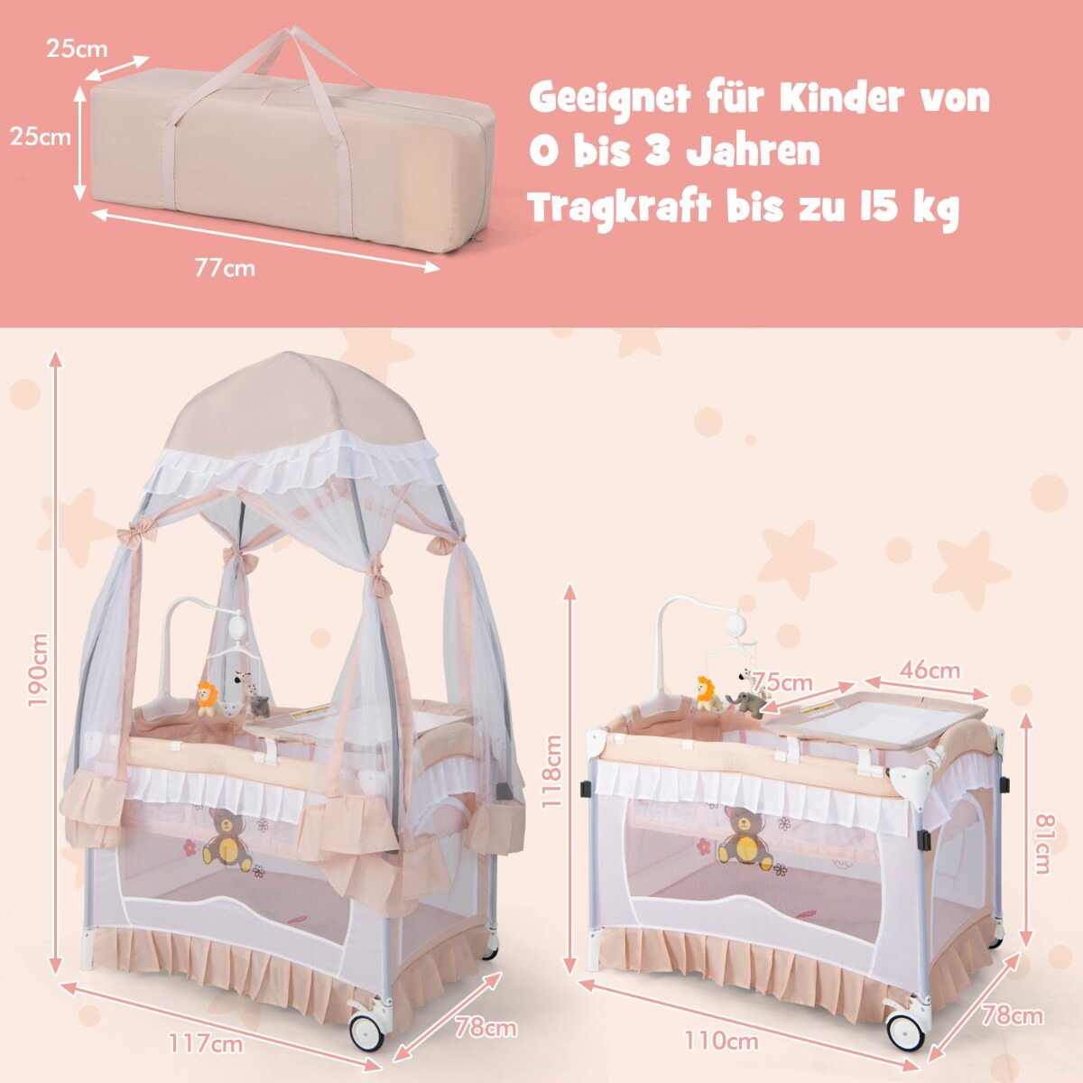 4-ühes beebivoodi eemaldatava varikatusega, reisivoodi madratsiga, külgvoodi ratastega, roosa