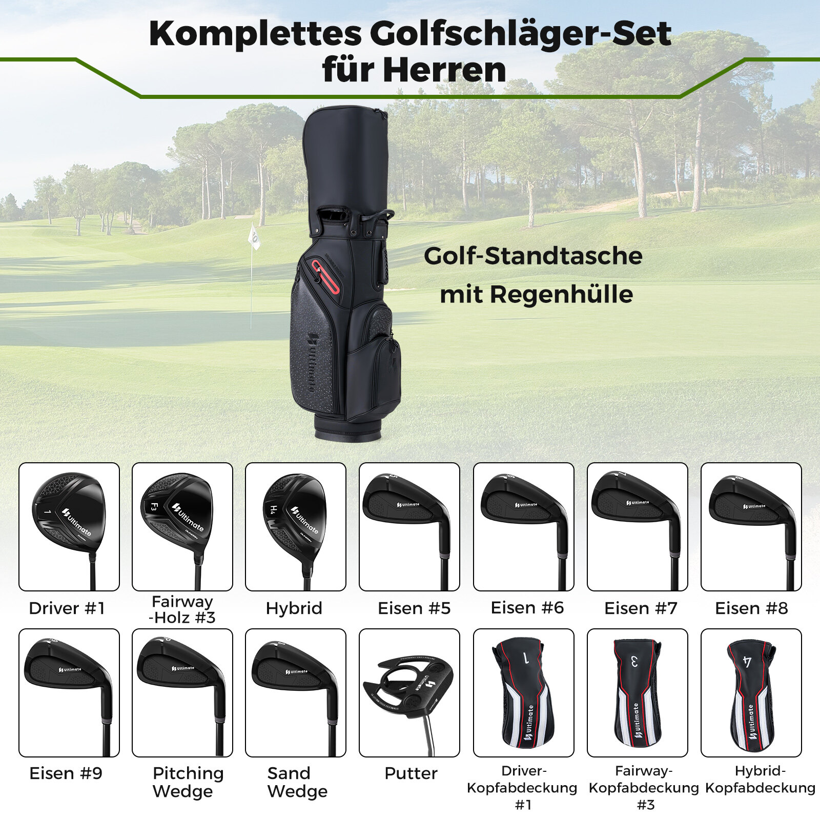 11-osaline golfikeppide komplekt paremakäelistele mängijatele koos golfikotiga. Golfikomplekt, golfikeppide komplektid, golfikott.