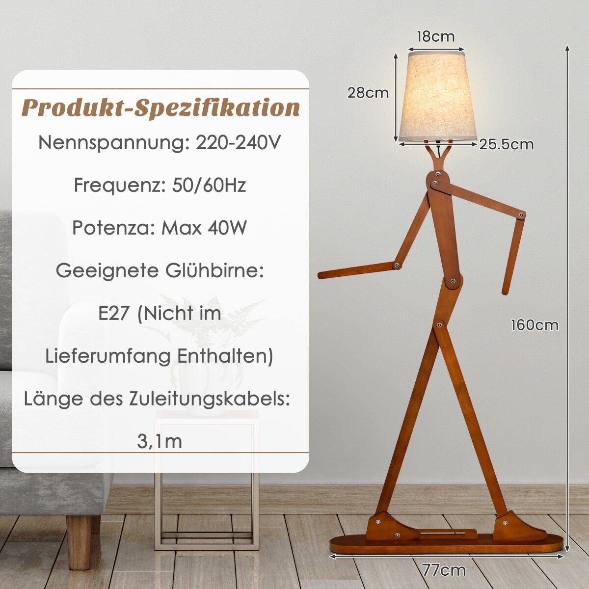 160 cm kõrgune puidust põrandalamp Dekoratiivne humanoidne nurgalamp Natural