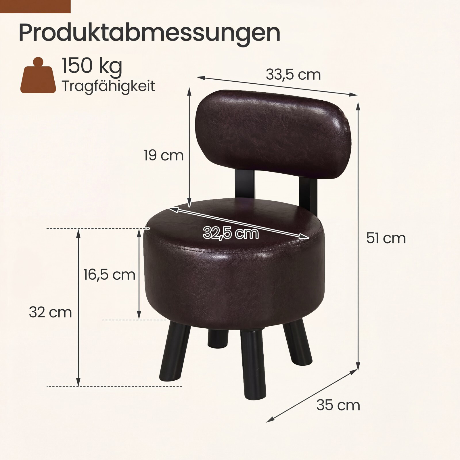 Komplekt 2 seljatoe ja kunstnahast kattega taburetti. Polsterdatud taburet, kandevõime kuni 150 kg. Pruun.