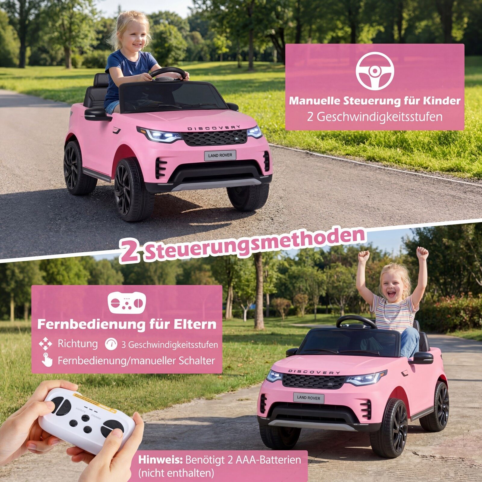 12 V Land Rover laste elektriauto vedrustusega LED-muusika juhtmevaba lastele alates 3. eluaastast roosa