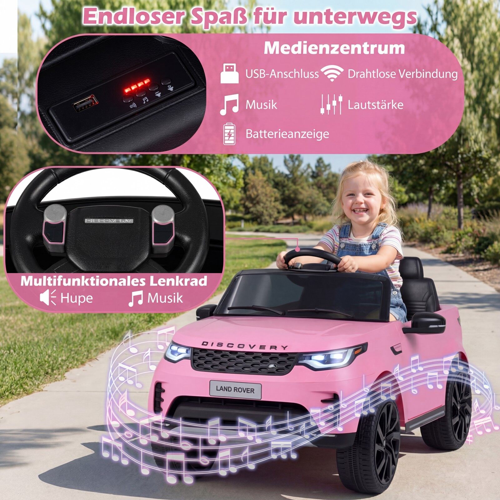 12 V Land Rover laste elektriauto vedrustusega LED-muusika juhtmevaba lastele alates 3. eluaastast roosa