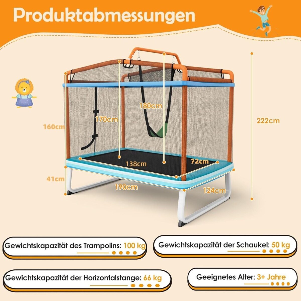 3-ühes laste batuut kiige ja horisontaalse vardaga, aiabatuut, oranž