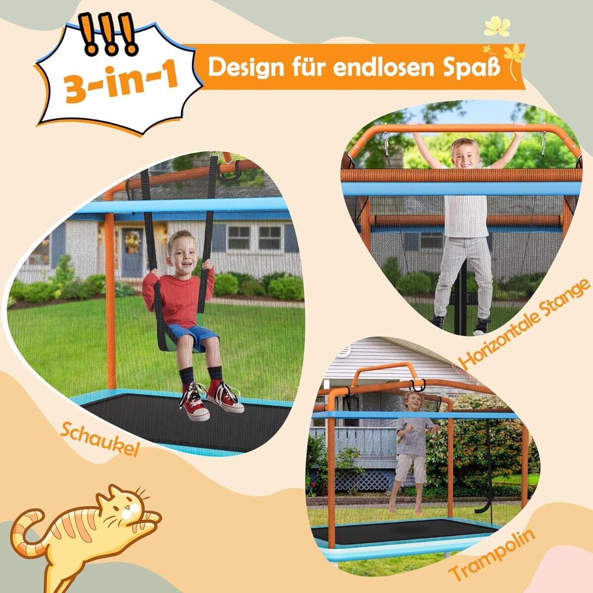 3-ühes laste batuut kiige ja horisontaalse vardaga, aiabatuut, oranž