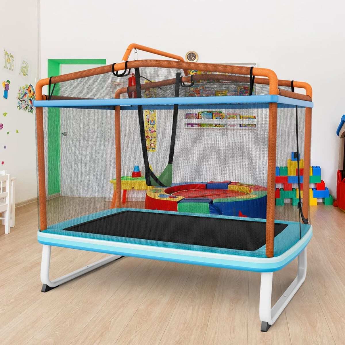 3-ühes laste batuut kiige ja horisontaalse vardaga, aiabatuut, oranž