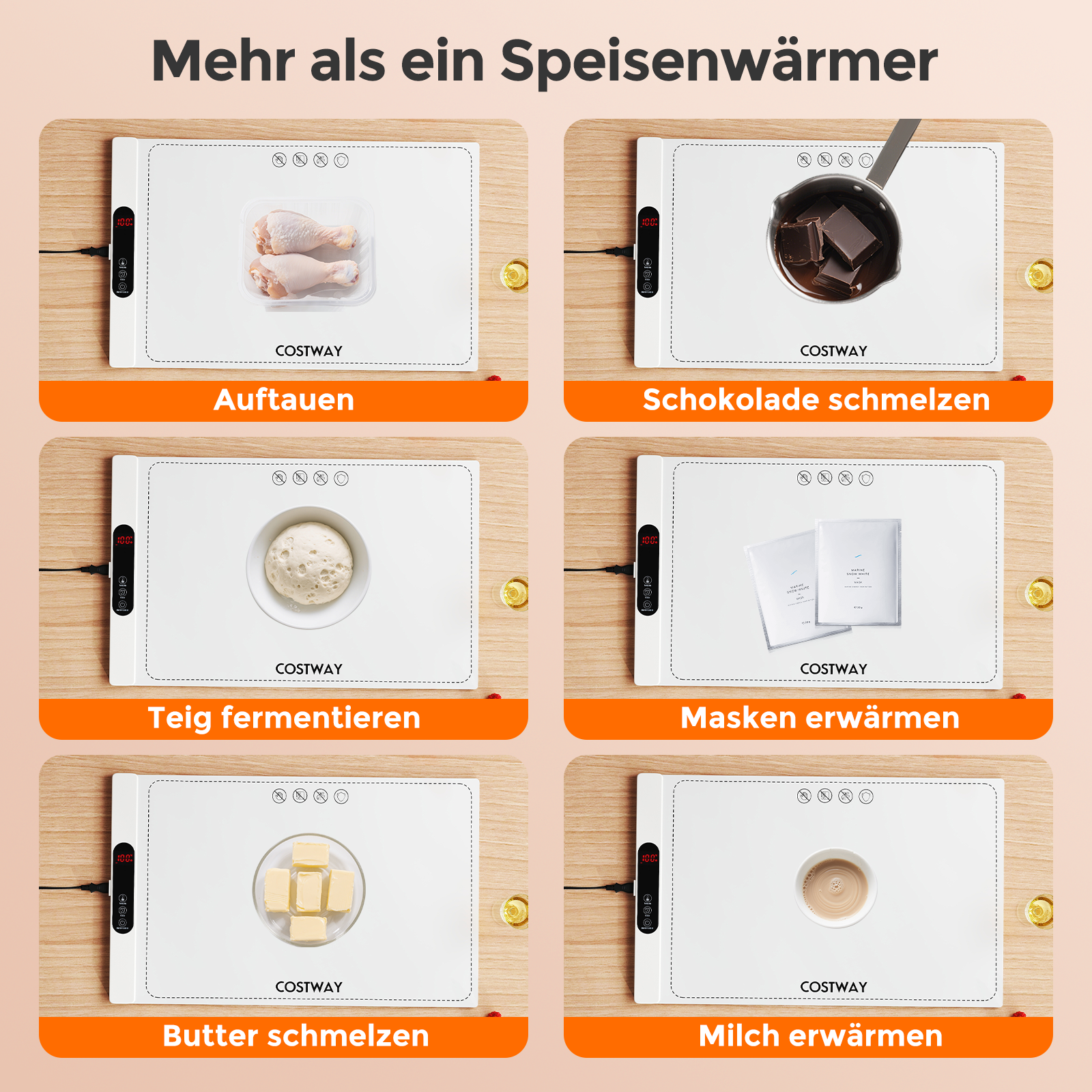 Elektriline soojendusmatt silikoonist toidu soojendusplaadile, 6 temperatuuri regulaatorit vahemikus 50 ℃-100 ℃ (valge)