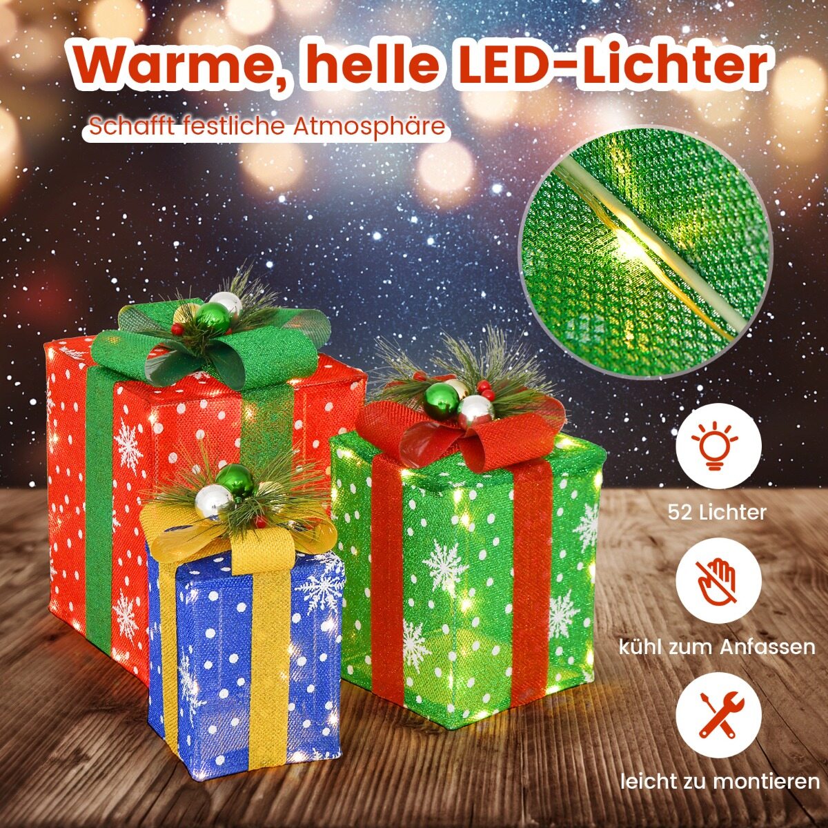 Komplektis 3 LED-kinkekarpi lipsuga ja 52 sooja valget LED-valgusega veekindlat jõulukarpi
