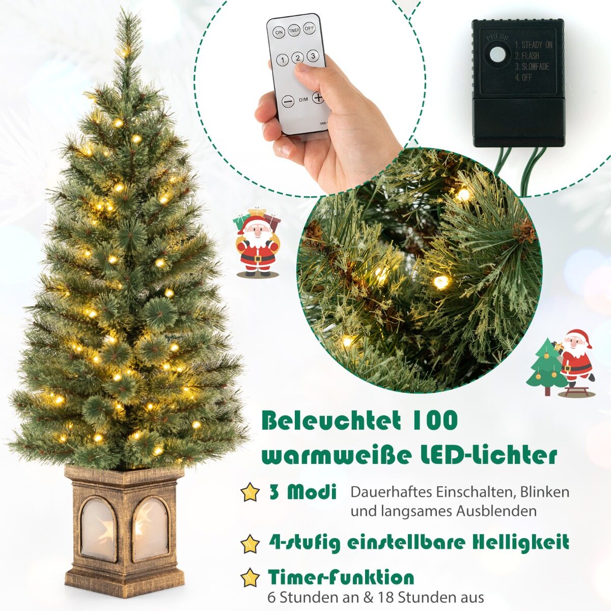 120 cm kunstkuusk potis tulede, tulede, taimeri ja oksaotstega