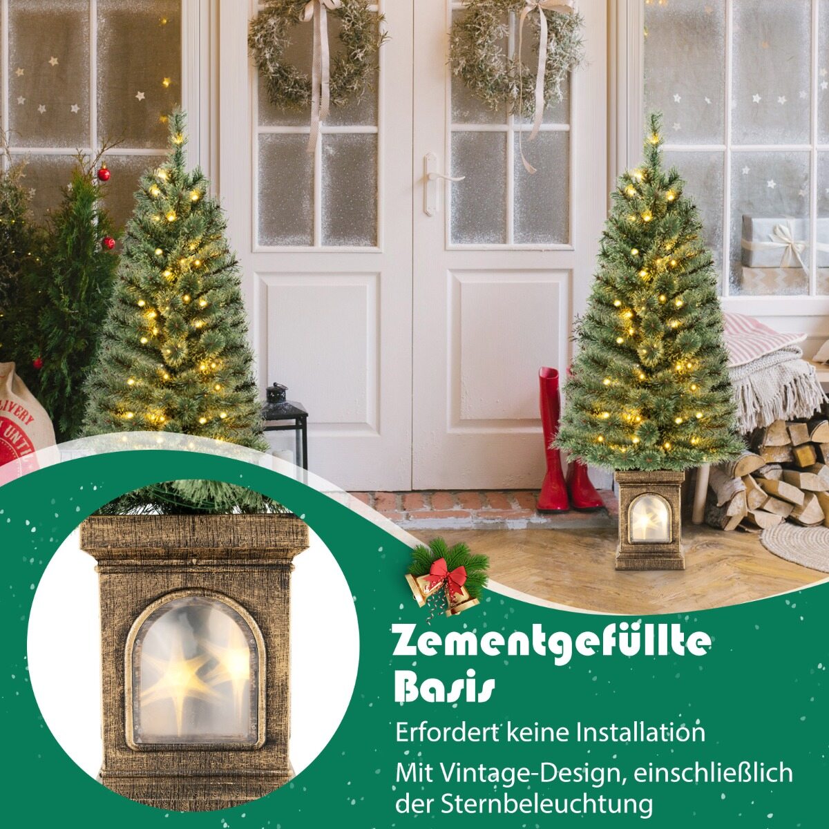 120 cm kunstkuusk potis tulede, tulede, taimeri ja oksaotstega