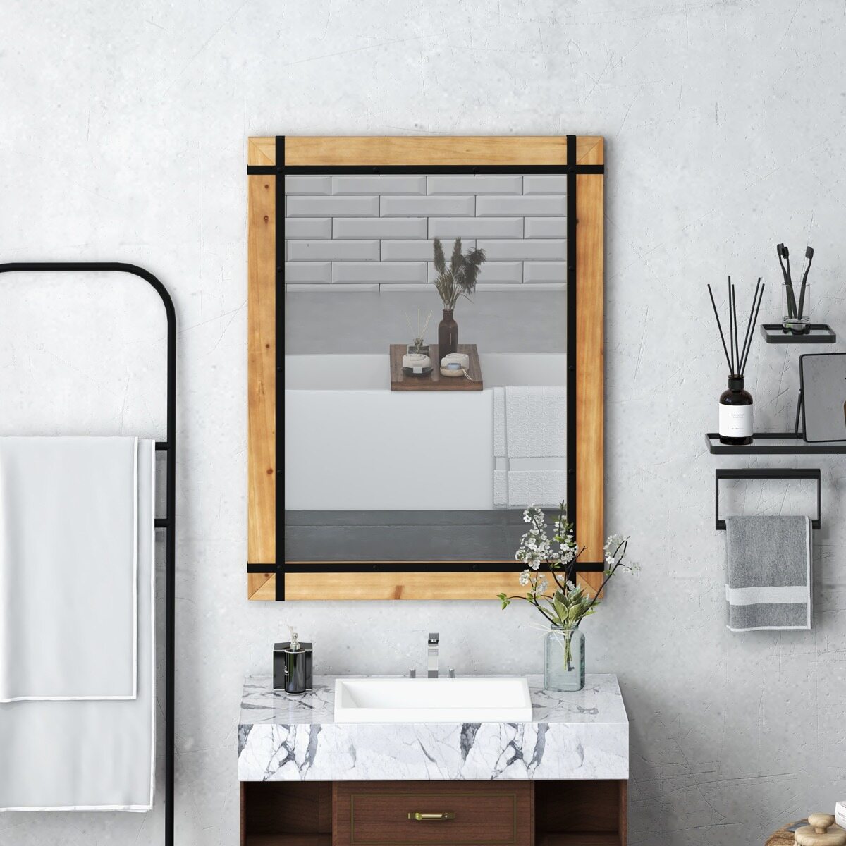 Dekoratiivne rippuv seinapeegel Seinale kinnitatav peegel Talumaja stiilis 77 x 99,5 cm Naturaalne