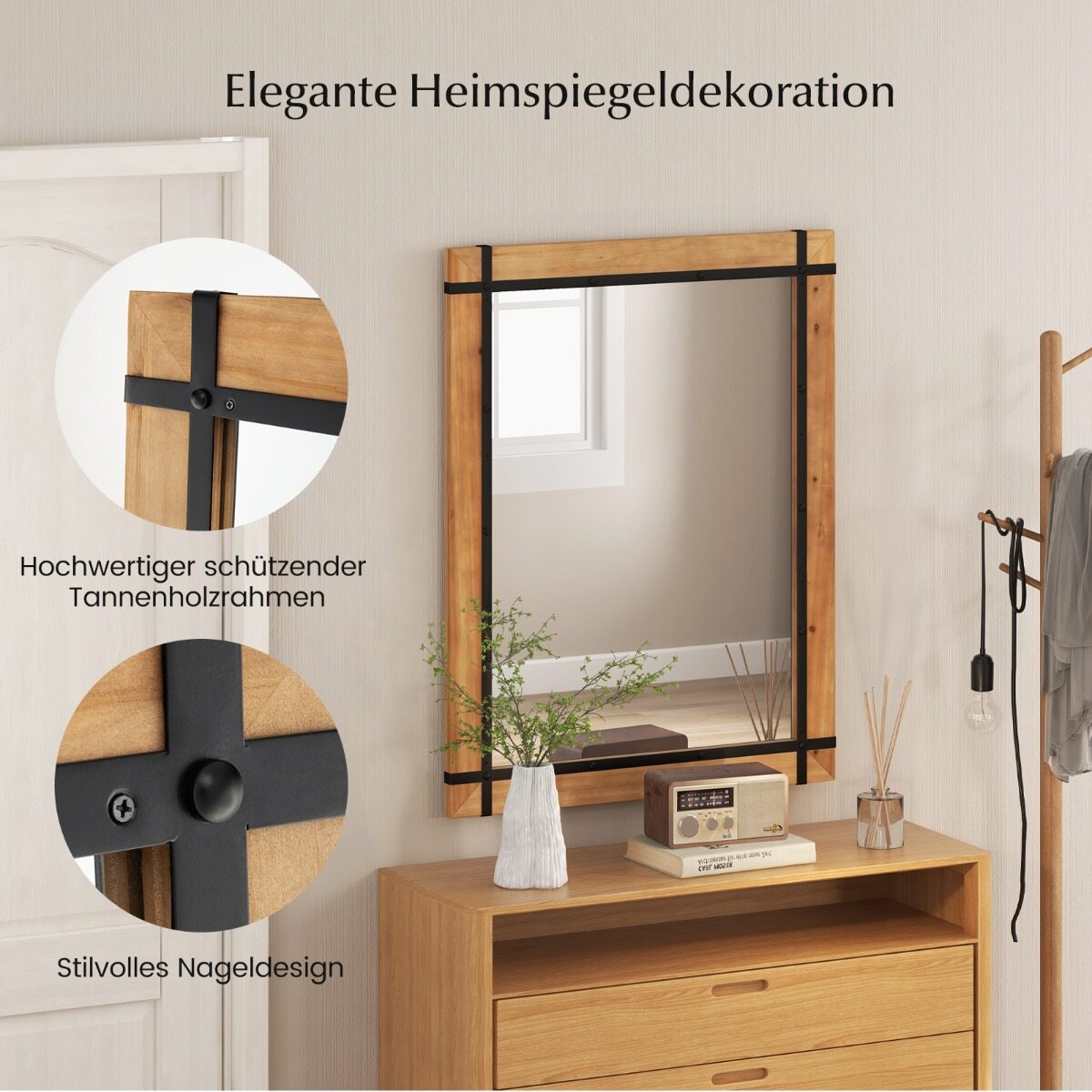 Dekoratiivne rippuv seinapeegel Seinale kinnitatav peegel Talumaja stiilis 77 x 99,5 cm Naturaalne