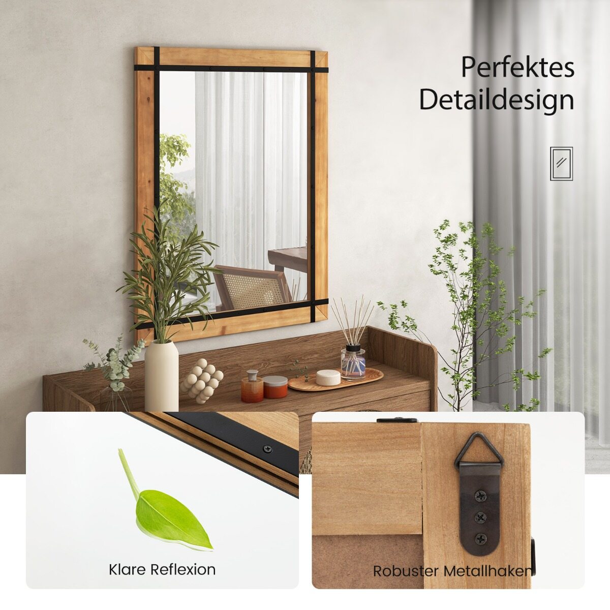 Dekoratiivne rippuv seinapeegel Seinale kinnitatav peegel Talumaja stiilis 77 x 99,5 cm Naturaalne