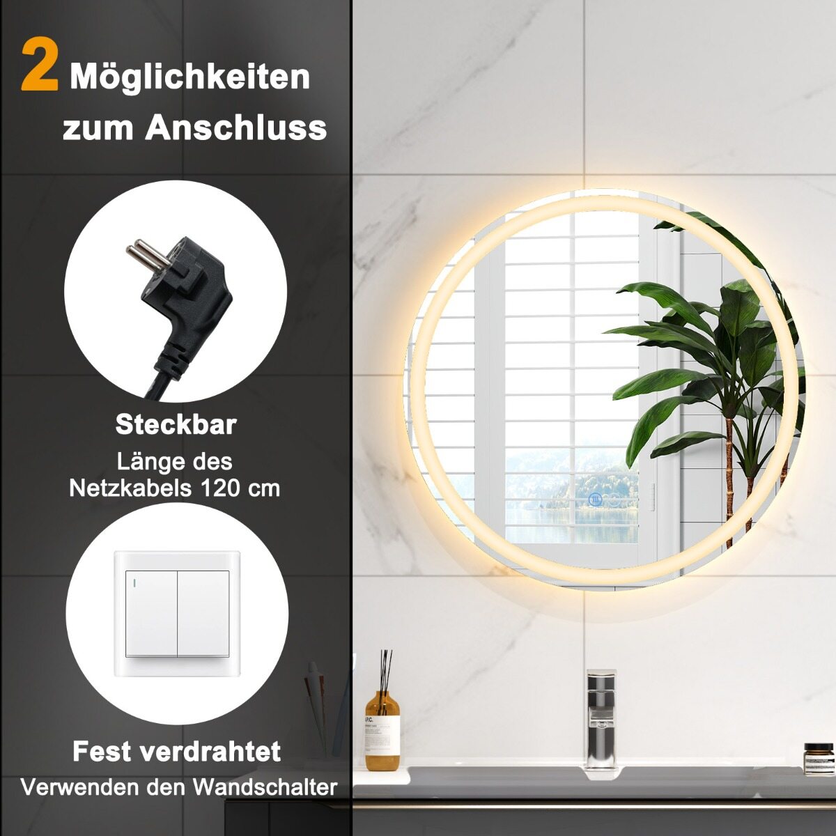60x60cm LED vannitoapeegel 3 värvilise hämardatava tulega, mälufunktsiooniga, ümmargune seinapeegel
