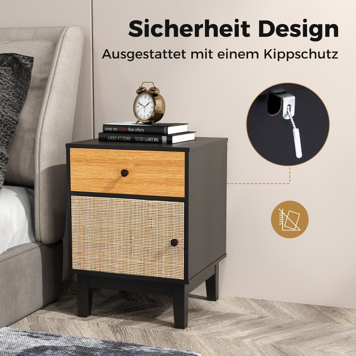 Boho rotangist öökapp täispuidust jalgadega - must