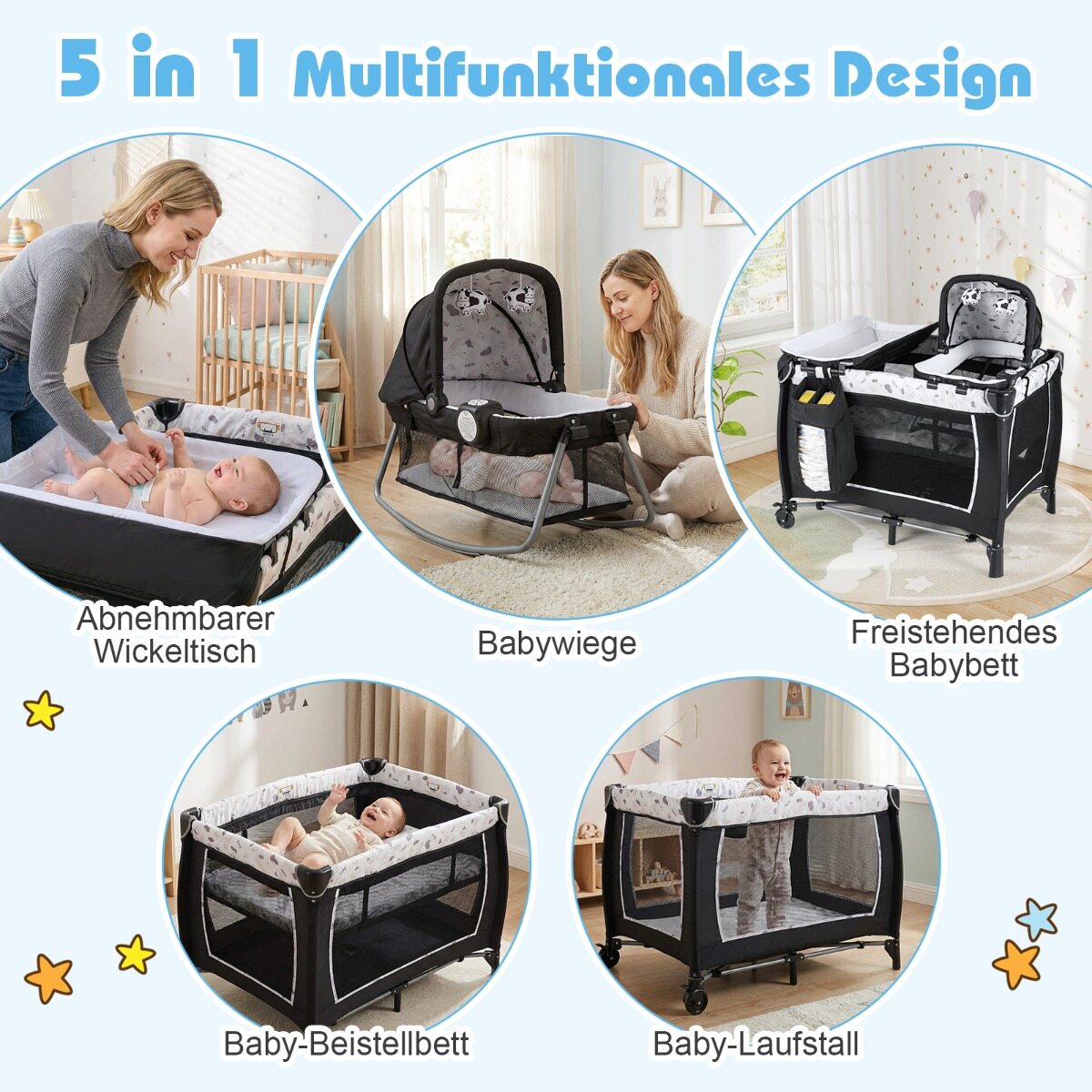 5-ühes beebireisivoodi mähkimislaua, hälli, madratsi ja 2 mänguasjaga, kokkupandav beebivoodi, beež